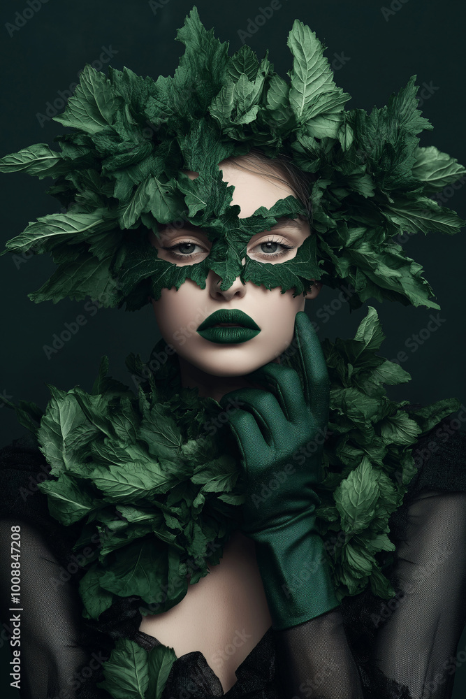 A model adorned with lush green leaves and a striking mask poses gracefully against a dark background, showcasing nature-inspired creativity A model adorned with lush green leaves and a striking mask poses gracefully against a dark background, showcasing nature-inspired creativity
