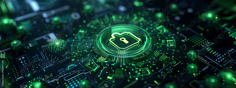 A motherboard with bright green connections and a holographic padlock in the center. Security, privacy, protection, personal data, and encryption. A motherboard with bright green connections and a holographic padlock in the center. Security, privacy, protection, personal data, and encryption.