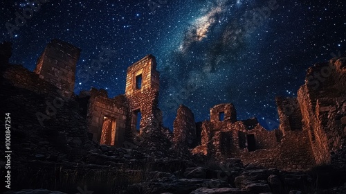 Starry Night Over Ancient Ruins Under the Milky Way