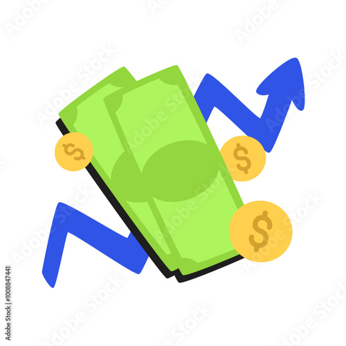 Graph of financial growth, banknotes and coins