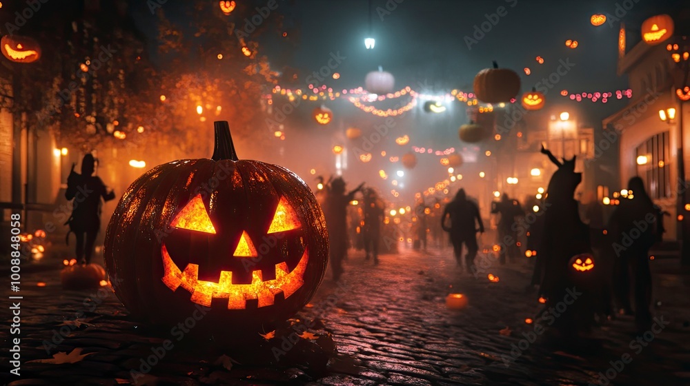 Fototapeta premium A Halloween street festival with glowing pumpkin decorations and participants in creative, spooky costumes walking through mist-filled streets.