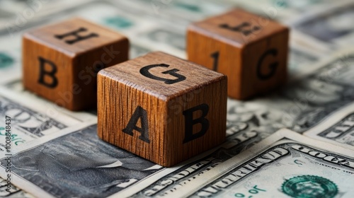 Wooden blocks spelling 'BIG' on a bed of dollar bills.