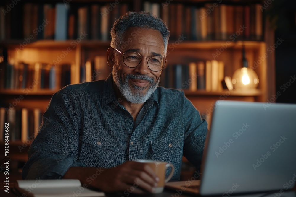 An elegant older man with a gray beard focuses on his laptop in a dimly lit study, surrounded by books, exuding warmth and wisdom. An elegant older man with a gray beard focuses on his laptop in a dimly lit study, surrounded by books, exuding warmth and wisdom.
