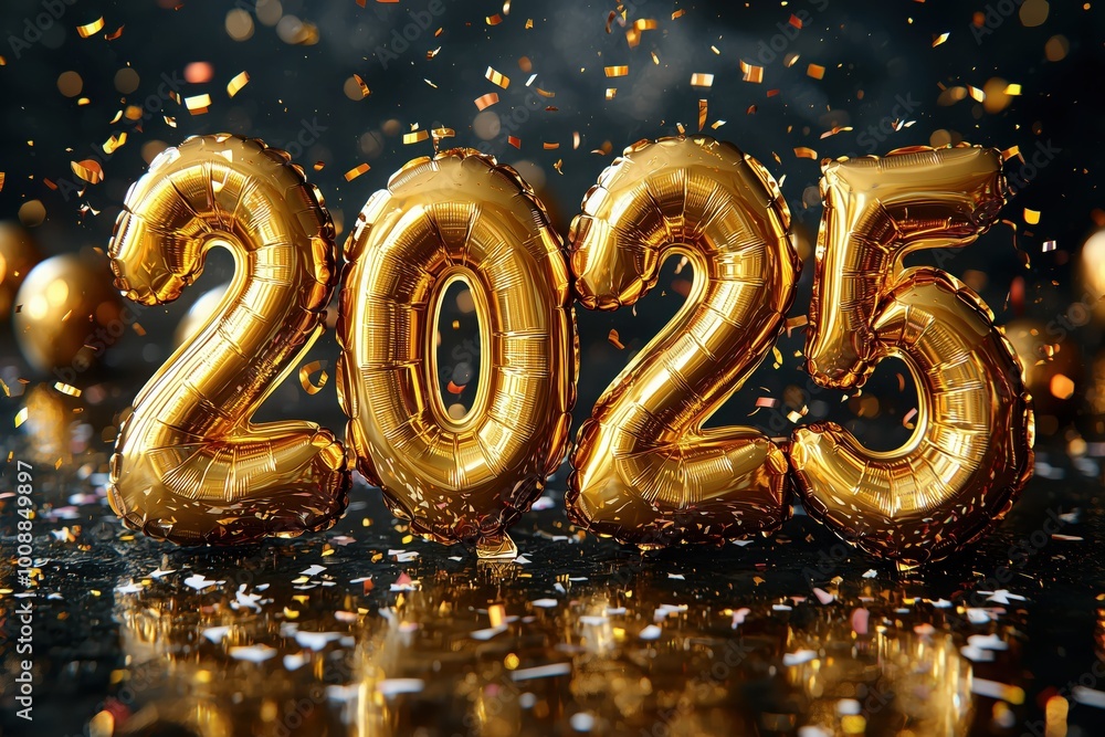 Golden balloons form “2025” amidst confetti.
Golden balloons form “2025” amidst confetti.
