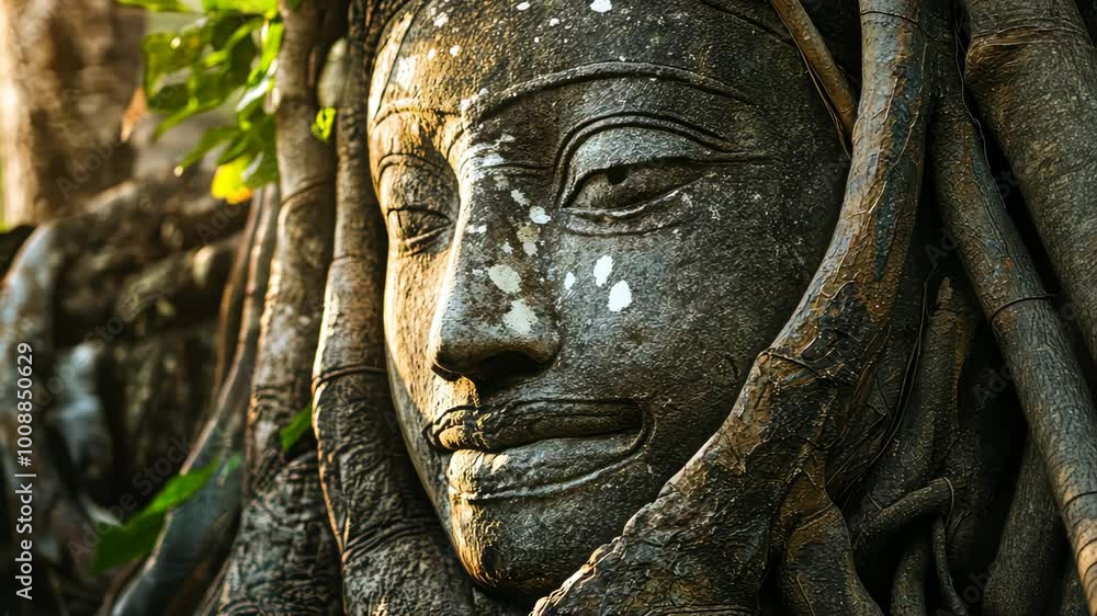 Sunlight illuminating stone buddha face emerging from tree roots Sunlight illuminating stone buddha face emerging from tree roots