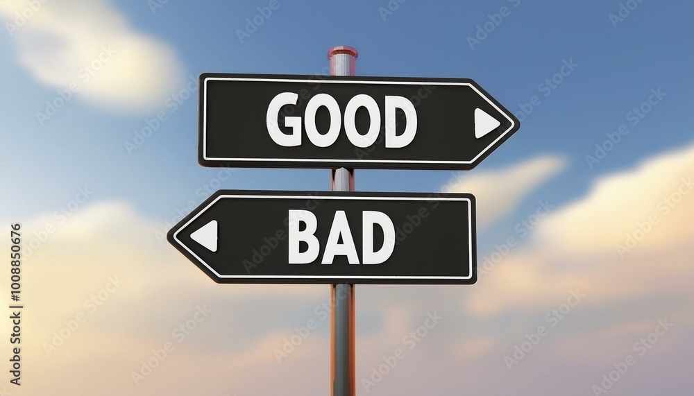Fototapeta premium Directional sign showcasing good and bad decisions under a blue sky.