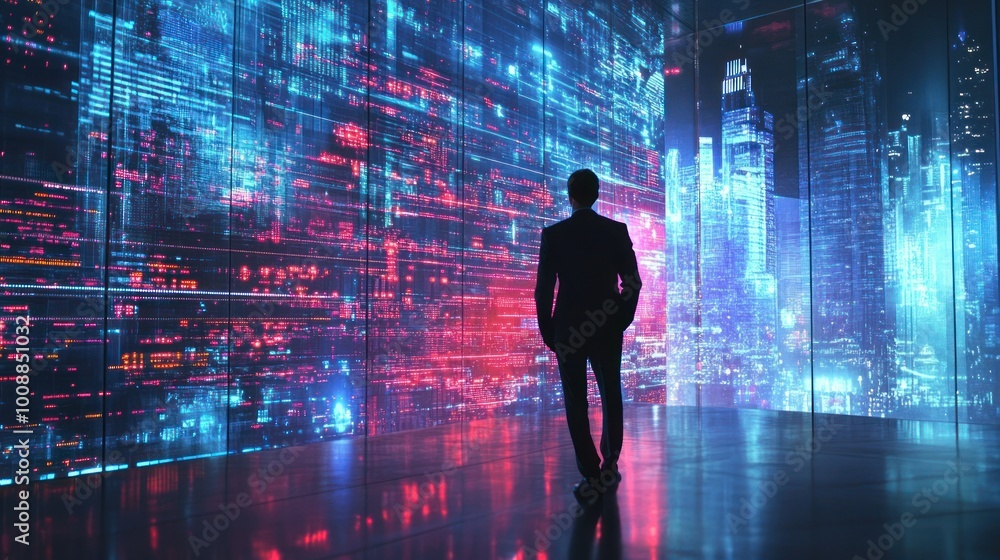 Silhouette of a Man Looking at a Night Cityscape with Digital Glitch Overlay Silhouette of a Man Looking at a Night Cityscape with Digital Glitch Overlay