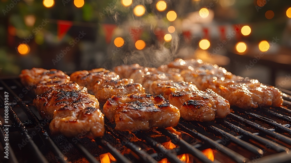 Grilled Meat Sizzling on Barbecue with Bokeh Lights Grilled Meat Sizzling on Barbecue with Bokeh Lights