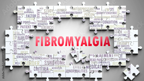 Fibromyalgia as a complex subject, related to important topics. Pictured as a puzzle and a word cloud made of most important ideas and phrases related to fibromyalgia. ,3d illustration photo