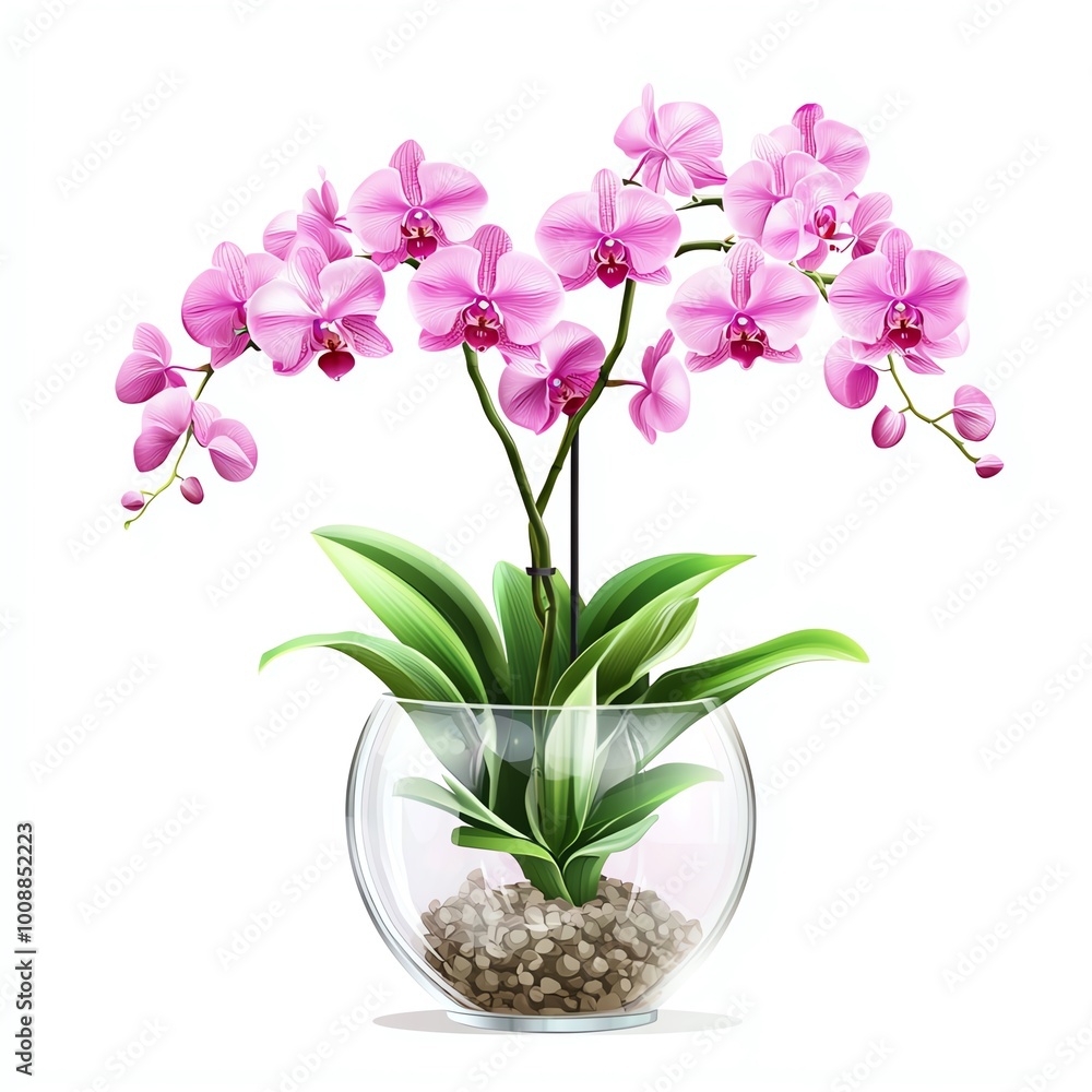 Orchid flowers in a glass vase with pebbles, elegantly displayed on a white isolated background. Orchid flowers in a glass vase with pebbles, elegantly displayed on a white isolated background.