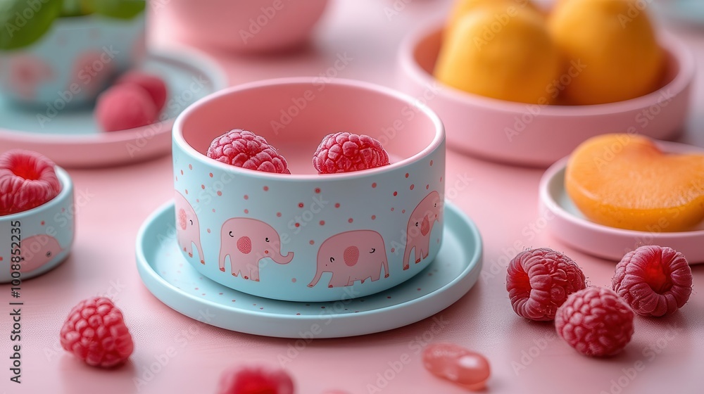 ecofriendly plastic tableware set for children featuring delightful elephant designs styled against a soft pink background for a charming and sustainable dining experience ecofriendly plastic tableware set for children featuring delightful elephant designs styled against a soft pink background for a charming and sustainable dining experience