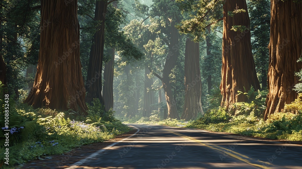 Obraz premium A serene forest road surrounded by tall trees, creating a peaceful and inviting atmosphere for nature lovers.