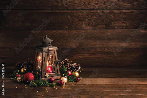 Obraz na płótnie Merry Christmas! Merry Christmas and Happy New Year. Wooden lamps with candles, Christmas tinsel, fir branches and snow on a dark wooden background w salonie