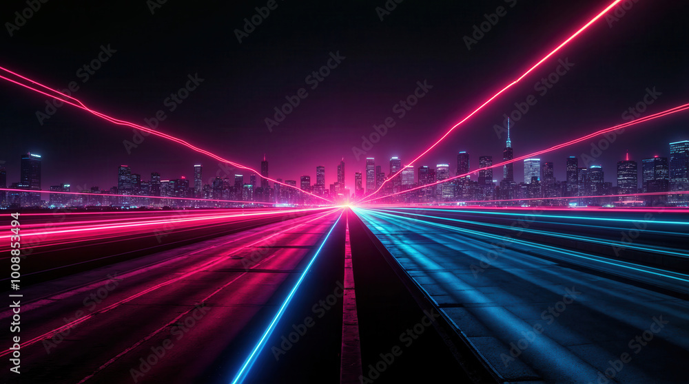 Futuristic cityscape with neon light trails, vibrant pink and blue streaks leading to glowing skyscrapers, cyberpunk urban night scene depicting speed and technology Futuristic cityscape with neon light trails, vibrant pink and blue streaks leading to glowing skyscrapers, cyberpunk urban night scene depicting speed and technology