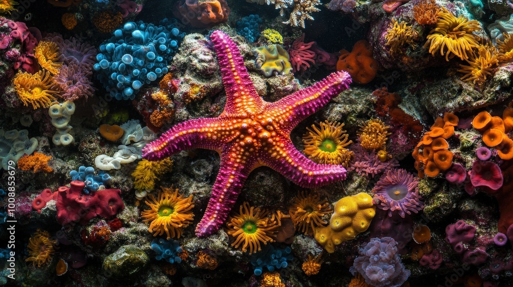 The underwater habitat reveals a lively display of colorful starfish resting among vibrant coral formations, highlighting the beauty of marine life in crystal-clear waters The underwater habitat reveals a lively display of colorful starfish resting among vibrant coral formations, highlighting the beauty of marine life in crystal-clear waters