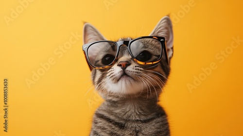 Cool Cat in Sunglasses on Yellow Background