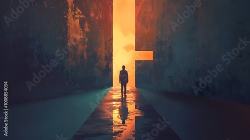 Businessman at a Crossroads Facing the Light and Dark Paths Forward photo