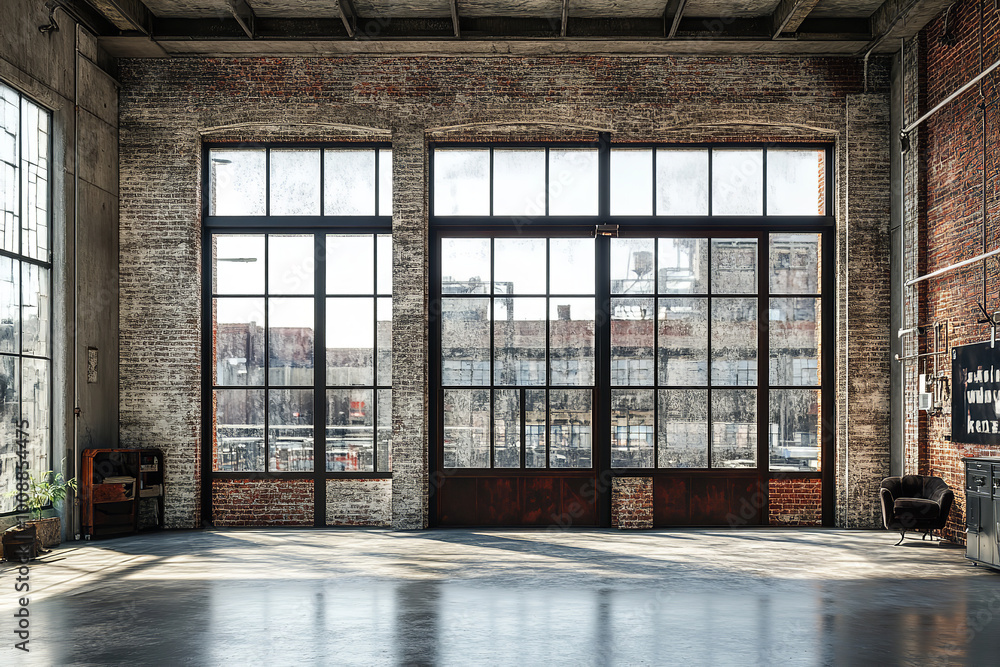Stylish Industrial Open Space Office with Exposed Brick and Metal Frameworks Stylish Industrial Open Space Office with Exposed Brick and Metal Frameworks