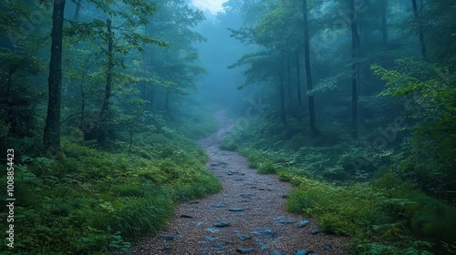 eerie forest scene enveloped in thick mist with shadowy pathways leading into the unknown creating a sense of mystery and inviting exploration in a hauntingly beautiful environment