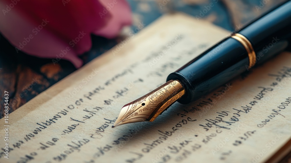 A Golden-Trimmed Fountain Pen Resting on a Handwritten Letter A Golden-Trimmed Fountain Pen Resting on a Handwritten Letter