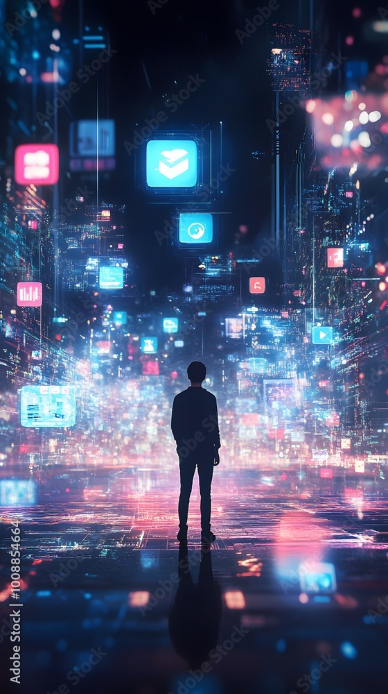 A person standing in the center of an abstract digital cityscape, surrounded by glowing screens and holographic images representing various online services A person standing in the center of an abstract digital cityscape, surrounded by glowing screens and holographic images representing various online services