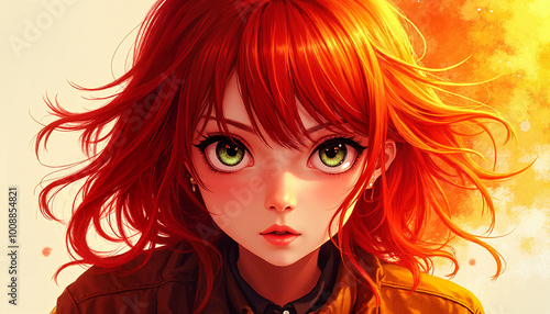 Emotional girl with fiery red hair and expressive eyes filled with passion against a bright gradient background