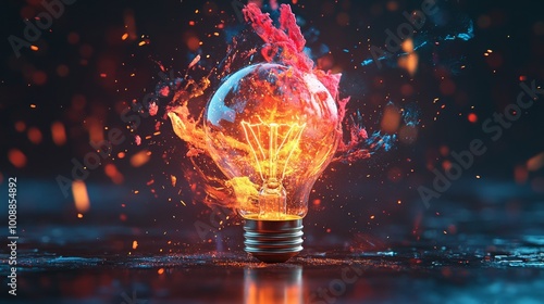 A lightbulb engulfed in flames with sparks flying around it.