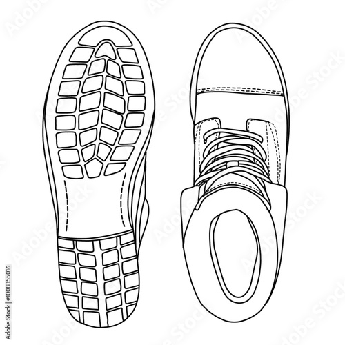 Women's lug sole mid heel ankle bootie double elastic gore shoes Line art, Technical sketch hand drawing outline vector doodle illustration top and bottom view isolated on white background