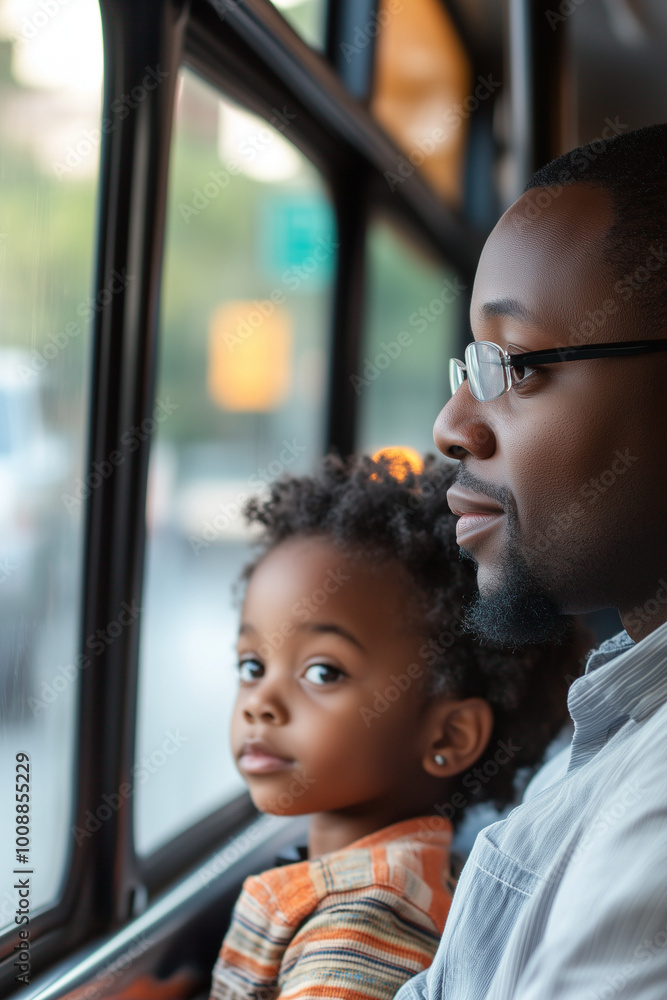 Father and child gazing out a bus window with serene expressions. Father and child gazing out a bus window with serene expressions.