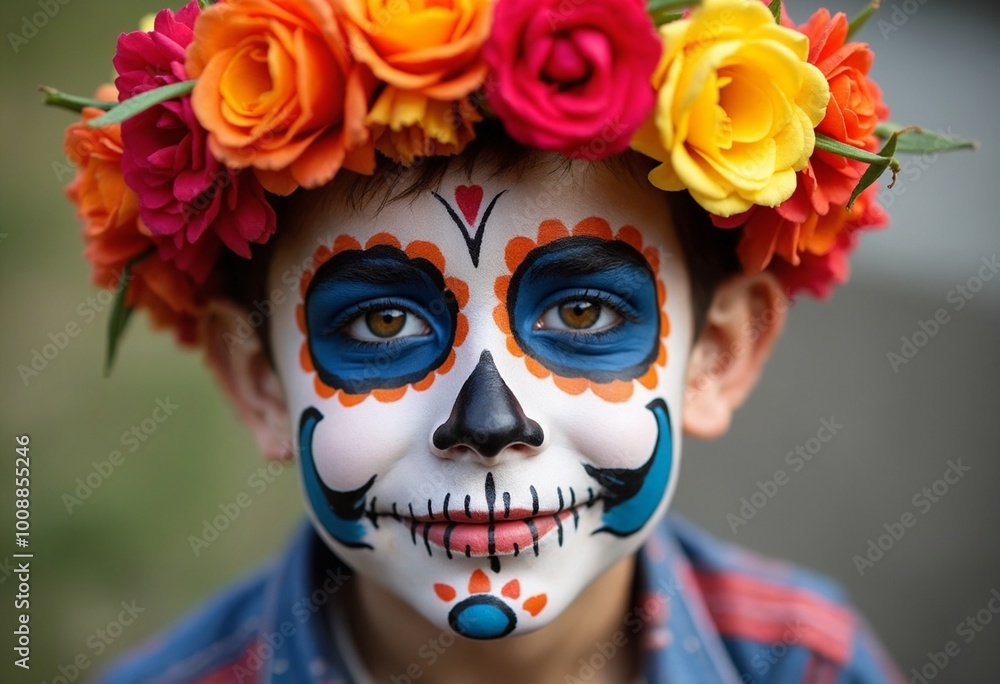 A young boy celebrates Day of the Dead with colorful face paint and a flower crown A young boy celebrates Day of the Dead with colorful face paint and a flower crown