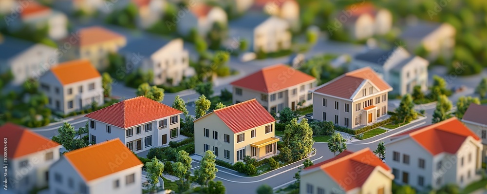 Aerial view of a modern residential neighborhood with colorful houses and greenery. Aerial view of a modern residential neighborhood with colorful houses and greenery.