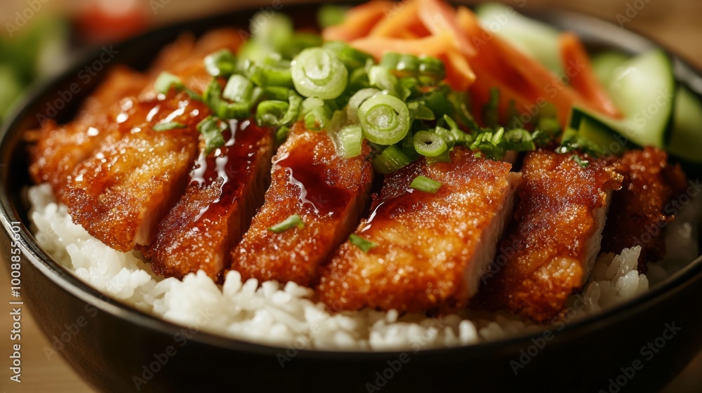 Delicious Crispy Chicken on Rice Bowl with Vegetables Delicious Crispy Chicken on Rice Bowl with Vegetables