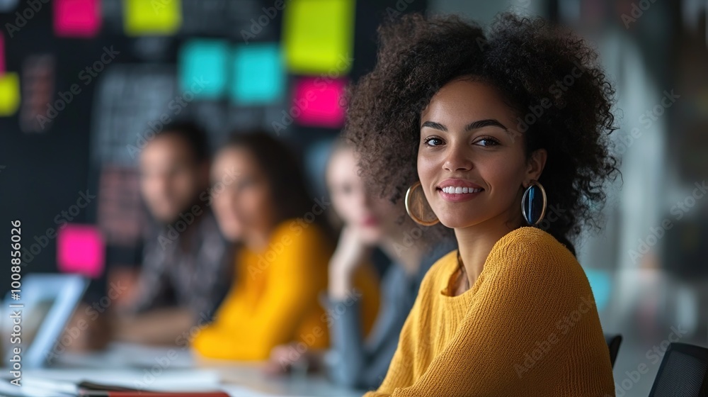 Smiling Woman in a Yellow Sweater at Work Smiling Woman in a Yellow Sweater at Work