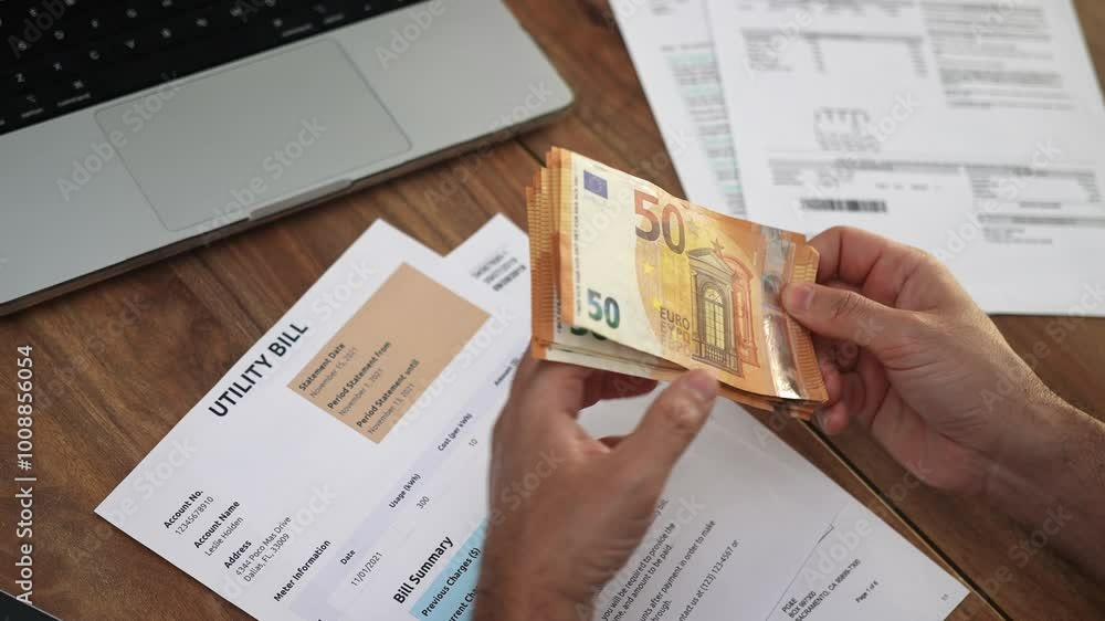 Picking up from table stack of 50-euro banknotes gentleman carefully counts money in hands above company utility bill documentation concept slow motion Picking up from table stack of 50-euro banknotes gentleman carefully counts money in hands above company utility bill documentation concept slow motion