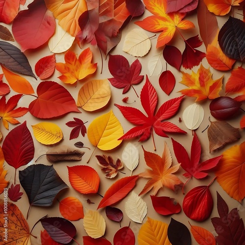 Close-up of scattered fall leaves, featuring different shapes and vibrant colors like red, orange, and yellow, isolated photo