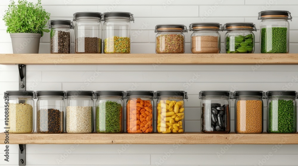 Kitchen Pantry Organization with Glass Jars and Wooden Shelves Kitchen Pantry Organization with Glass Jars and Wooden Shelves
