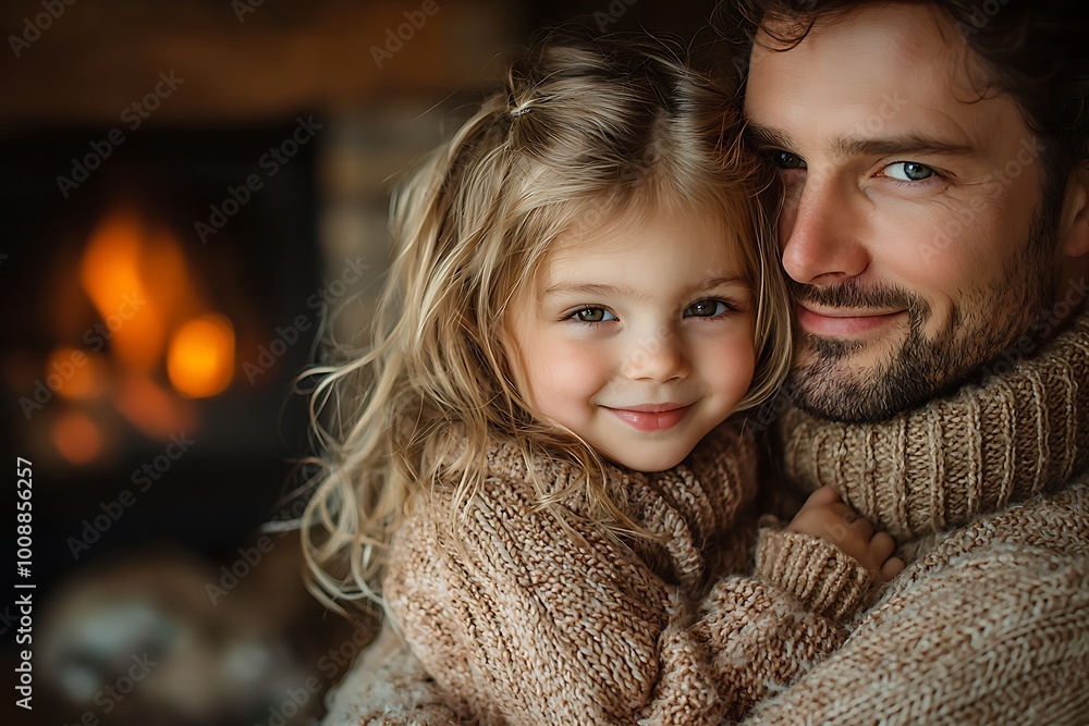 A father kneeling down to embrace his young daughter at home during a cozy evening by the fireplace A father kneeling down to embrace his young daughter at home during a cozy evening by the fireplace