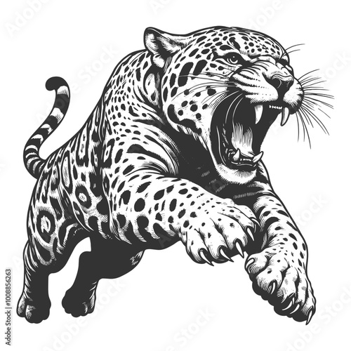 fierce leaping leopard with an open mouth, drawn in a detailed engraving style sketch engraving generative ai vector illustration. Scratch board imitation. Black and white image.