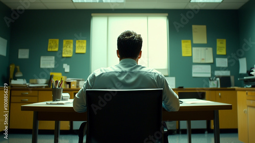 Man sitting alone in an empty office, gazing at an empty desk with a few personal items, symbolizing job loss and layoffs, conveying a sense of uncertainty and reflection.