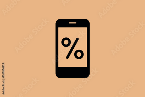 Cell phone with percentage symbol on screen, technology, finance and statistics concept.