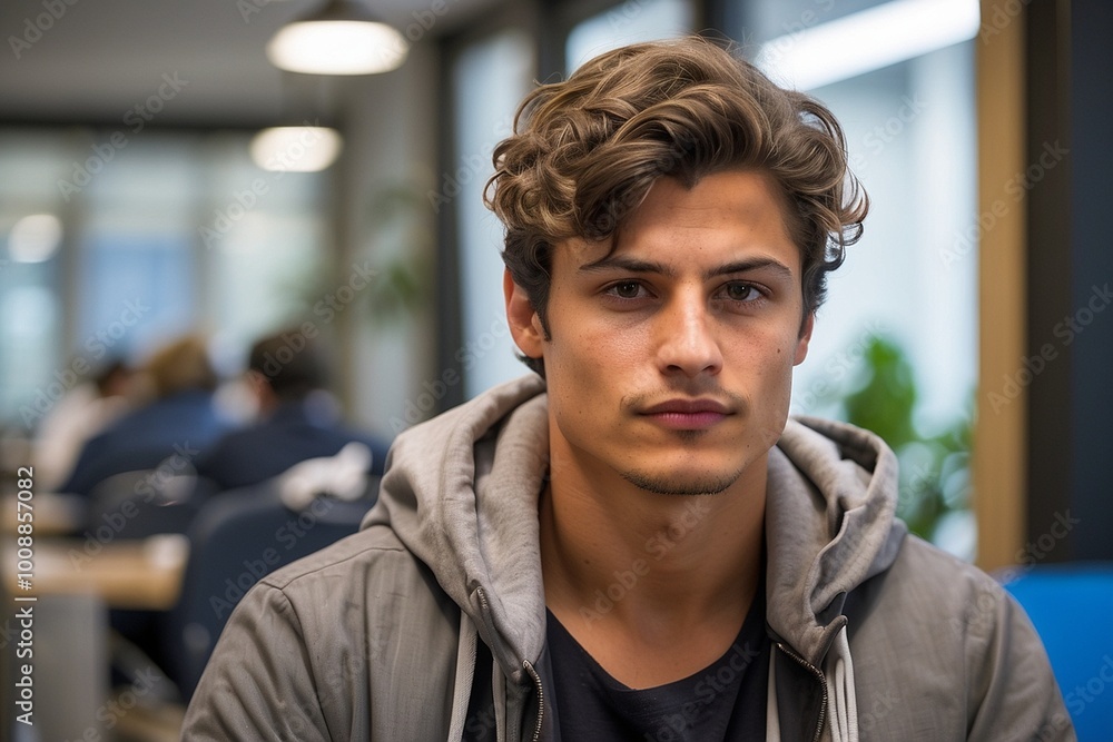 Portrait of a young man sitting in a restaurant or office with people sitting on tables in the background Portrait of a young man sitting in a restaurant or office with people sitting on tables in the background