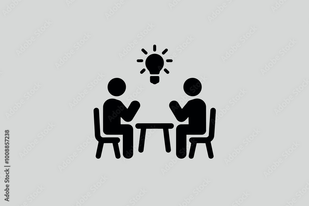 Two people sitting talking, with a light bulb above them, concept of idea and innovation. Two people sitting talking, with a light bulb above them, concept of idea and innovation.