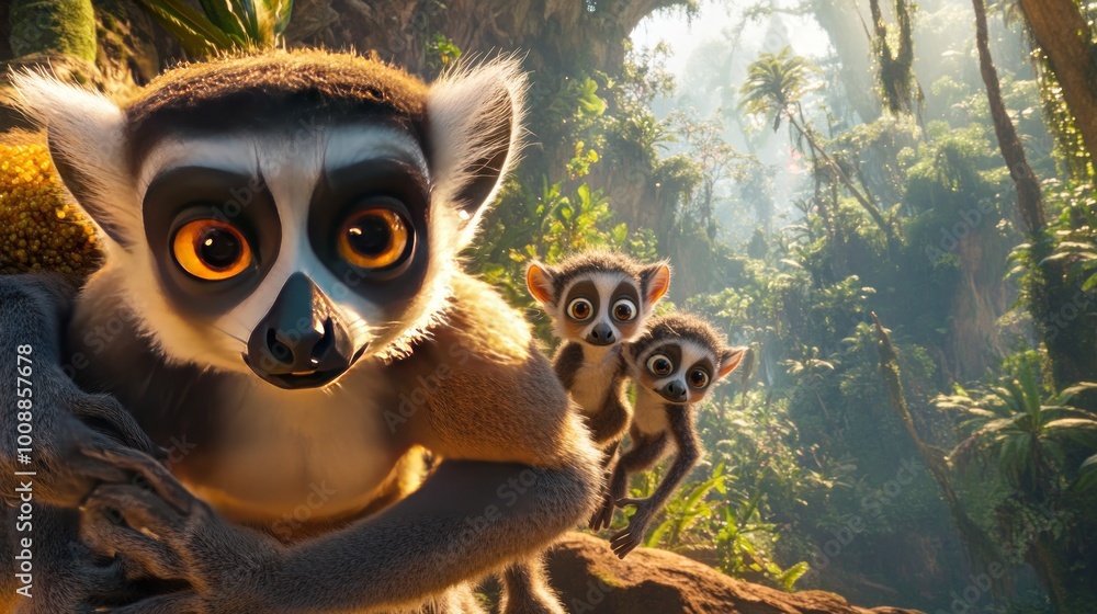 Three lemurs in a lush jungle setting, showcasing wildlife and nature's beauty. Three lemurs in a lush jungle setting, showcasing wildlife and nature's beauty.