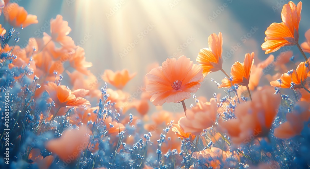 Fototapeta premium a beautiful, colorful flower field with orange and blue hues