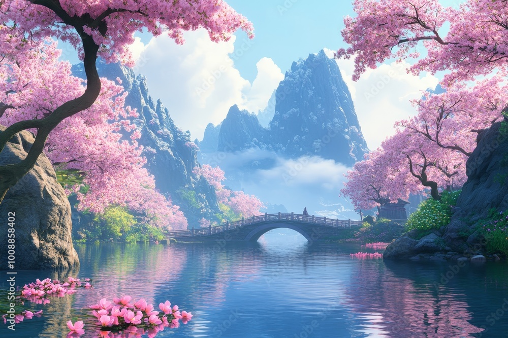 An anime cinematic scene blending urban and suburban landscapes with natural elements and fantasy architecture, creating an exciting adventure in a visually captivating world