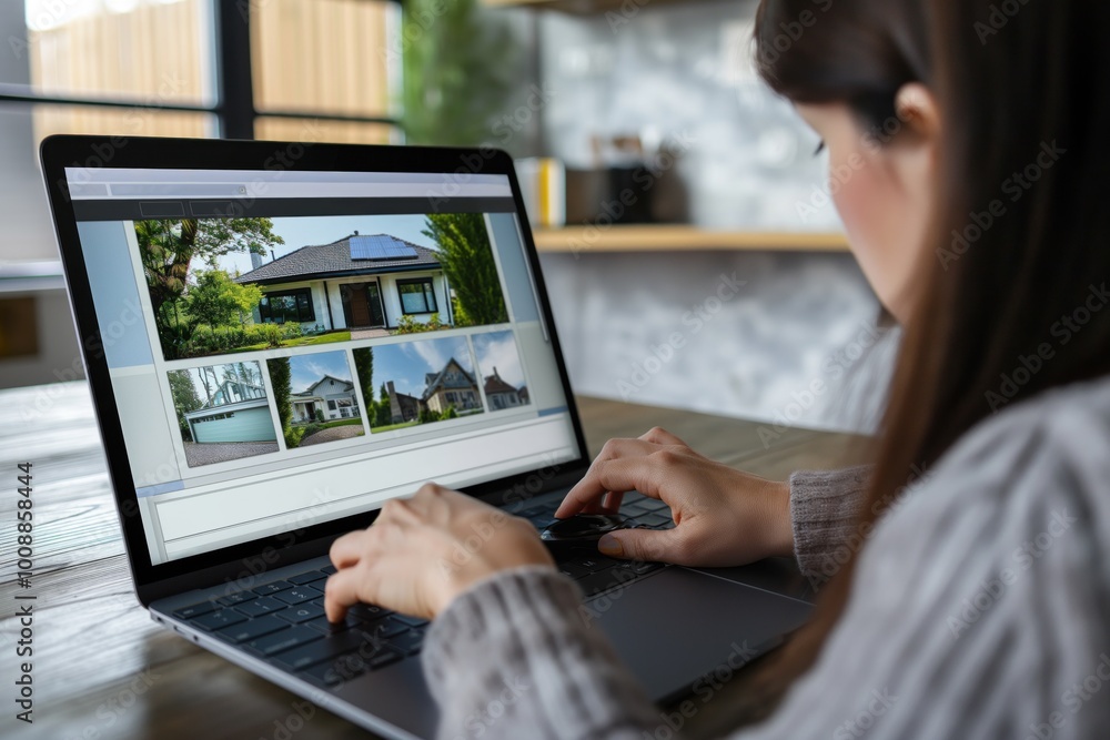 Woman searching for house on real estate website on computer. Close-up of person using laptop, browsing property listings on screen. Hand hovering over mouse, interacting with digital estate market.