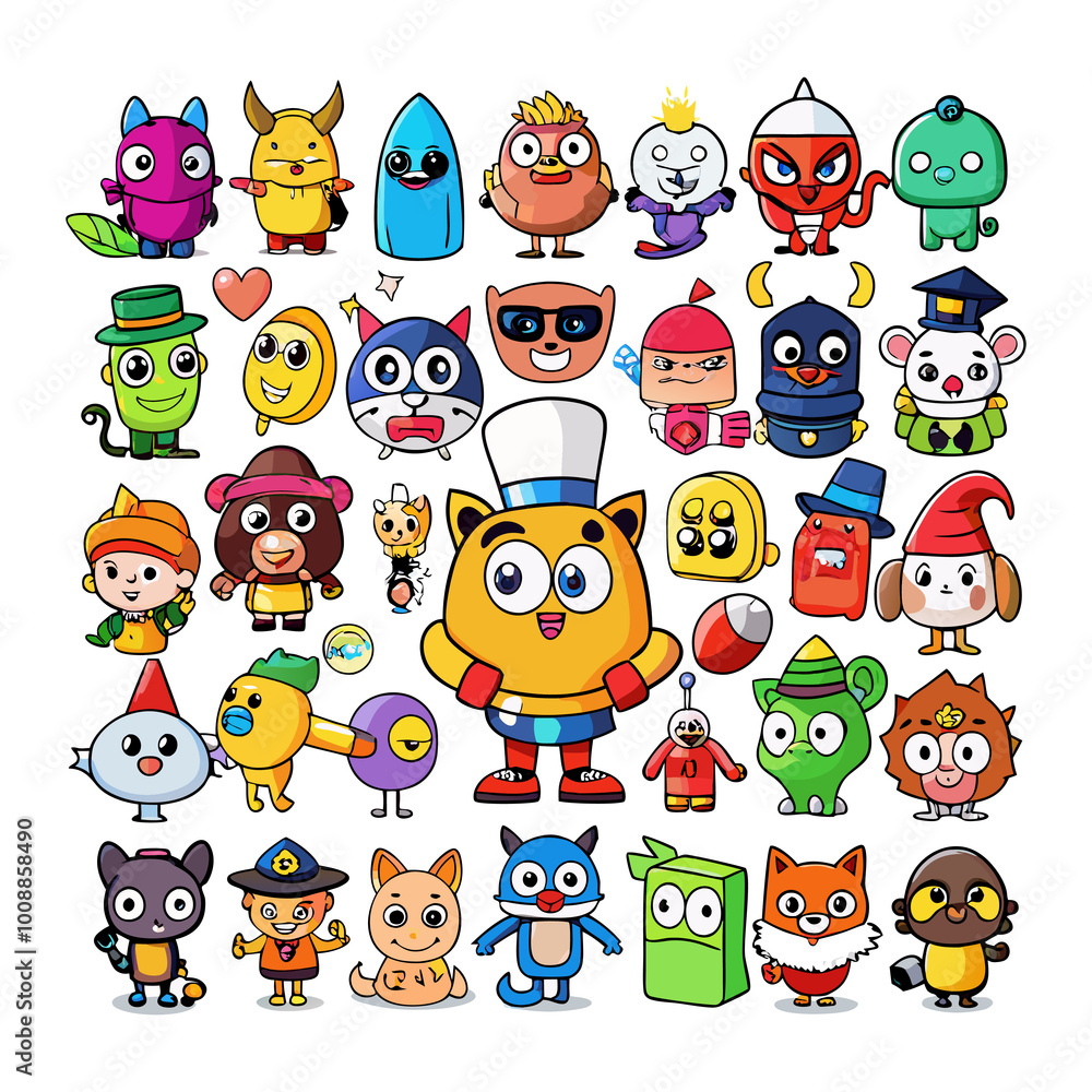 Obraz premium Toy Robots Character Group with Colorful Cartoon Design, Cute Faces, and Playful Gadgets for Playful Tech Concept Background