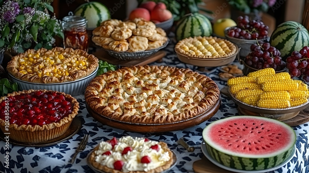 Assorted Fresh Fruits and Homemade Pies Displayed Assorted Fresh Fruits and Homemade Pies Displayed
