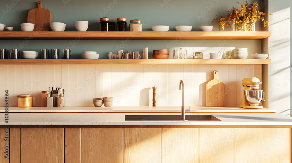 Light home kitchen interior with bar counter, sink and kitchenware with shelves Light home kitchen interior with bar counter, sink and kitchenware with shelves
