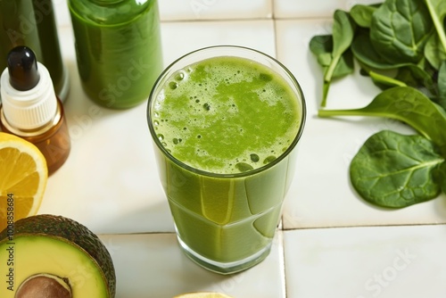 Green smoothie in glass on white tiled table. Flat lay arrangement of healthy food products avocado, cucumber, fruit, glasses. Space for text, perfect for copy branding. Fresh, natural, healthy